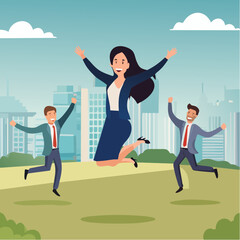 Obraz premium Employee engagement, work satisfaction or happiness, company commitment or employee appreciation, wellbeing or inclusive concept, happy business people employees jump with work engagement element