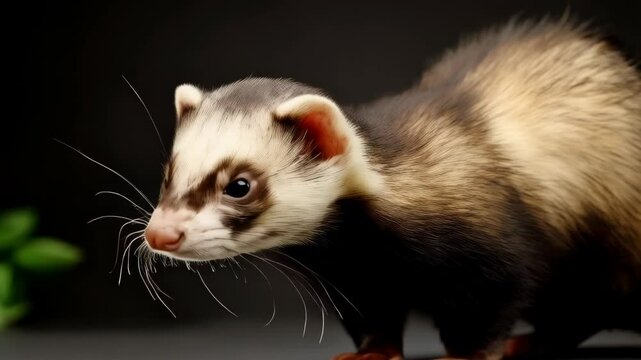 Adorable ferret with a white mask looking directly into the camera in a studio shot against a neutral backdrop, showing off its whiskers and fur texture.