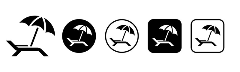 Beach chair icon set illustration. Deckchair with umbrella sign and symbol vector.