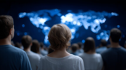 Global Travelers Exploring Illuminated World Map with Glowing Routes