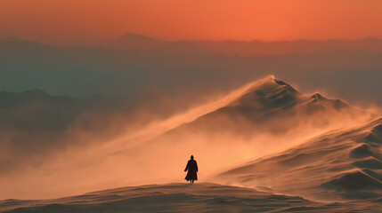 Lone Figure Walking on Snowy Mountain at Sunset