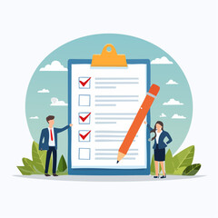 Task checklist, clipboard with to do list checkmark, task management to track work completion, accomplishment, survey or questionnaire concept, business people with pencil and checklist clipboar