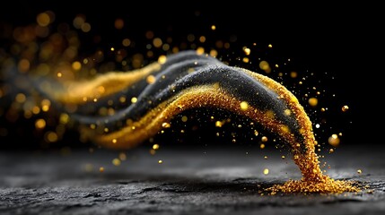 A concentrated flash of glittering gold debris paused in time, with thousands of micro-reflections across a pure black background