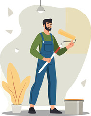 Professional painter painting wall with roller home improvement and renovation services concept design