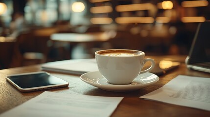 Fototapeta premium Warm coffee, phone, papers on wooden table in cafe