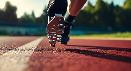 Prosthetic running blade on track close-up, symbolizing determination and athleticism