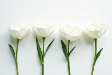 Four pristine white flowers, minimalist arrangement on white , bridal, white background