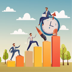 Time management, effort or efficiency boost, productivity to finish project, teamwork or planning, multitasking or finish work within deadline concept, business people riding clock up rising arro
