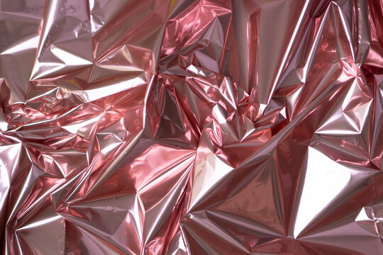Wrinkled metallic pink foil background with shiny texture. Surface reflects light, creating a dynamic visual effect