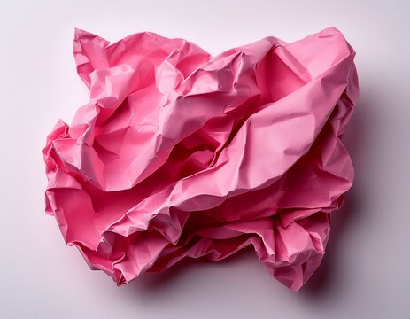 crumpled piece of pink paper white background