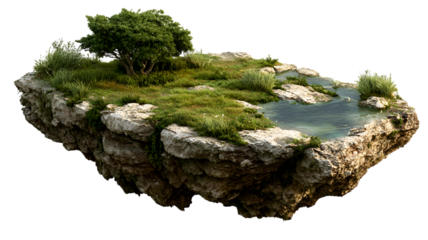 Fantasy floating island landscape with lush vegetation and tranquil water environment illustration
