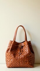 Woven leather goods bag in earthy tone against a simple white or cream colored surface, leather, bag