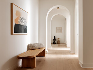 bright midimalist hallway with white walls, curved wooden bench, graphic art print, soft natural lighting