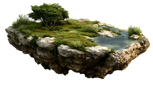 Fantasy floating island landscape with lush vegetation and tranquil water environment illustration