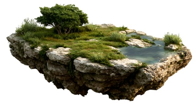 Fantasy floating island landscape with lush vegetation and tranquil water environment illustration