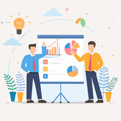 Sales pitch or presentation for business idea and opportunity, presenting proposal or plan to client or prospect, convince or selling concept, confidence businessman present sales pitch on whiteboar