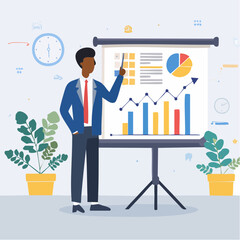 Sales pitch or presentation for business idea and opportunity, presenting proposal or plan to client or prospect, convince or selling concept, confidence businessman present sales pitch on whiteboar