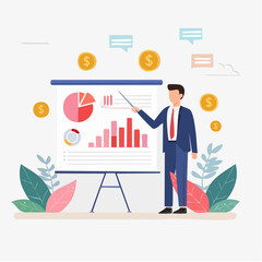 Sales pitch or presentation for business idea and opportunity, presenting proposal or plan to client or prospect, convince or selling concept, confidence businessman present sales pitch on whiteboar