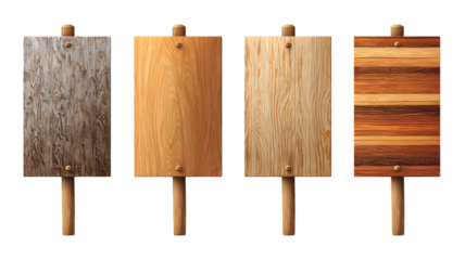 Four wooden signboards with different wood textures against a isolated on white transparent background illustrating natural wood grains and finishes for design concepts