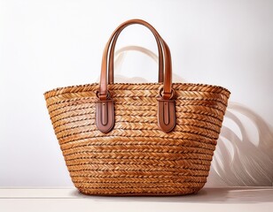 straw beach bag with leather handles summer accessory for vacation travel or picnic flat illustration of stylish woven handbag isolated on white background