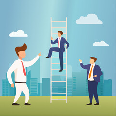 Business support or mentorship to assist employee to success, helping hand or encouragement for teammate to achieve business goal, businessman jumping up giant hand growth ladder to progress targe
