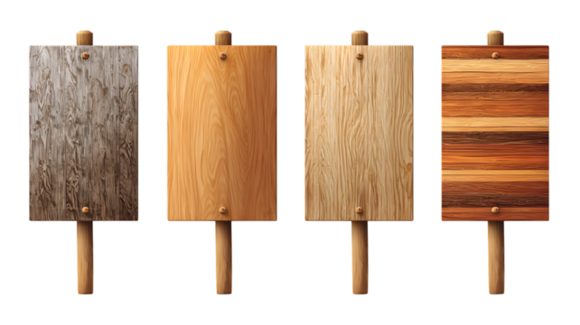 Four wooden signboards with different wood textures against a isolated on white transparent background illustrating natural wood grains and finishes for design concepts