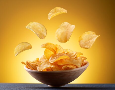 tasty potato chips flying on gradient yellow background