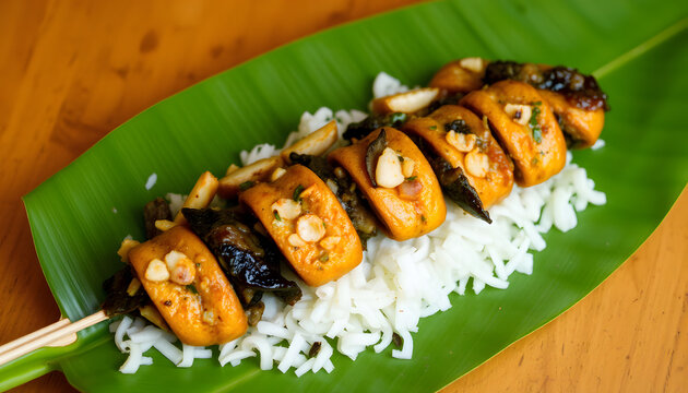 "Abara, flavorful African cuisine served on fresh banana leaves", 8k. isolated with white highlights