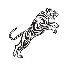 owerful Stylized Black Outline of a Leaping Tiger with Tribal Patterns - Ideal for Sports Mascots, Strength, and Cultural Designs