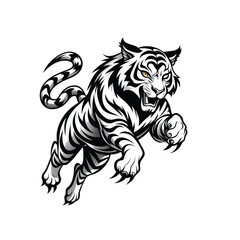 Dynamic Black and White Illustration of an Aggressive Tiger in Mid-Leap with Yellow Eyes - Perfect for Sports Mascots, Wildlife, and Power Concepts