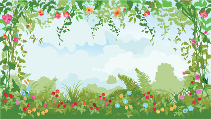 A garden scene with colorful flowers and lush greenery framing a soft cloudy sky background creating a border