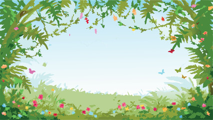 A whimsical garden scene with flowers butterflies and lush green foliage creating a serene atmosphere view
