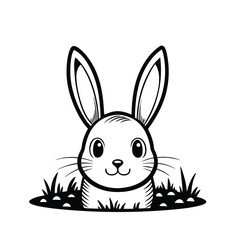 Adorable Minimalist Black and White Line Art of a Cute Rabbit Peeking from Grass - Ideal for Children, Spring, and Easter Themes