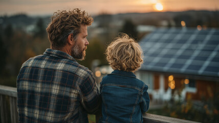 Father and son enjoying a peaceful moment on the balcony at sunset
