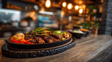 Fototapeta premium Galbi : Sizzling dish on a wooden table in a cozy restaurant setting. AI-generated.