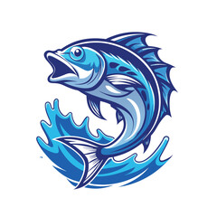 Dynamic Stylized Blue Fish Leaping from Water with Splashes - Ideal for Fishing, Seafood, Sport, and Aquatic Brand Logos