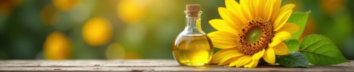 Obraz premium Bottle of sunflower oil with fresh sunflower and leaves , white background, packaging