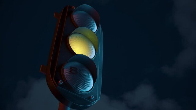 A traffic light switches from red to a green "BUY" signal at night. A concept for stock market investment, financial opportunity, and bullish trends. Ultra HD 4K 3840x2160 3D animation.