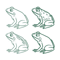 Set of Four Minimalist Green Frog Outline Illustrations with Various Patterns - Ideal for Nature, Biology, and Children's Design Projects