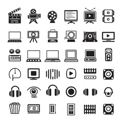 A grid showcasing various black glyph icons representing different media devices, formats, and equipment.  These include film cameras, computers, and audio playback devices.