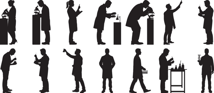 Diverse Scientists Silhouettes Studying in a Lab Setting Researching Experiments Microbiology Chemistry