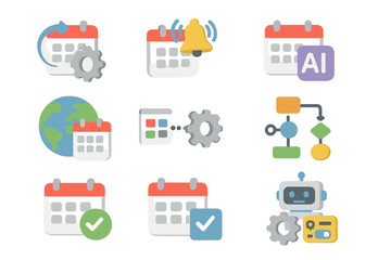 Colorful calendar and workflow icons with gear and technology elements