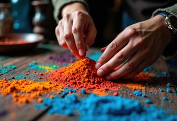 Hands mixing vibrant colored powders on a wooden surface