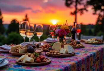 A vibrant sunset dinner table adorned with cheese, fruits, and wine
