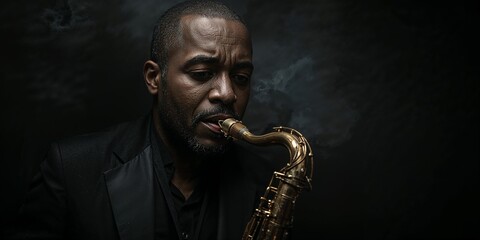 Naklejka premium Jazz musician intensely plays the saxophone in dramatic lighting.