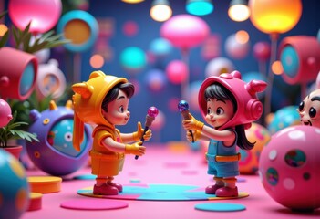 Naklejka premium Colorful cartoon-style figurines of children in animal costumes exchanging lollipops in a vibrant setting