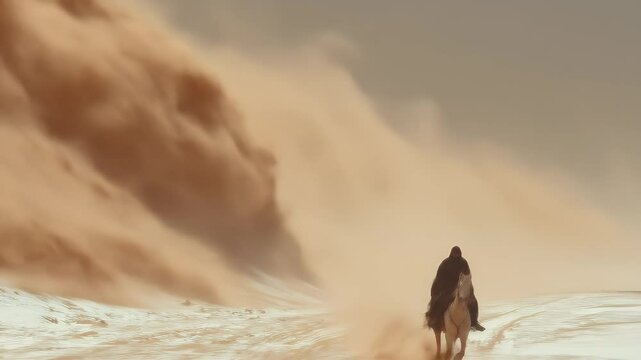 Lone Rider Braving a Desert Sandstorm: Epic Journey Through Sands