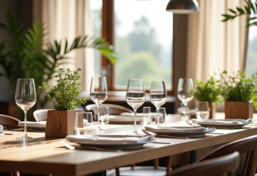 Elegant dining table set with glassware and greenery in a bright, modern restaurant