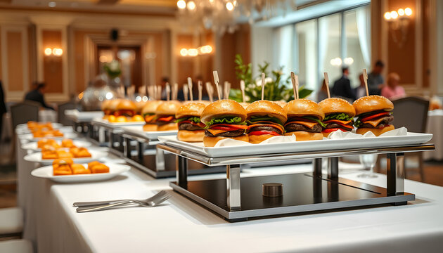 Elegant buffet table featuring gourmet mini hamburgers at a lavish wedding celebration, ample copy space. Upscale restaurant showcasing delectable food displays and appetizers. Sophisticated caterin