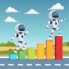 AI artificial intelligence implementation progress, adoption or evolution to improve AI innovation, learning or change to optimize success concept, smart AI robot run on progress bar to reach targe
